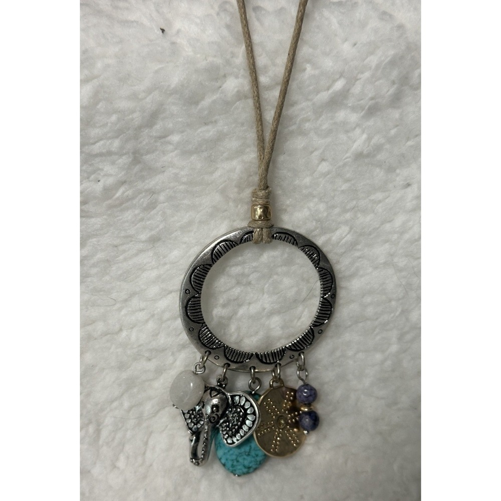 J.Jill Charm Silver Necklace Adjustable Leather Quartz  Semi Precious Elephant